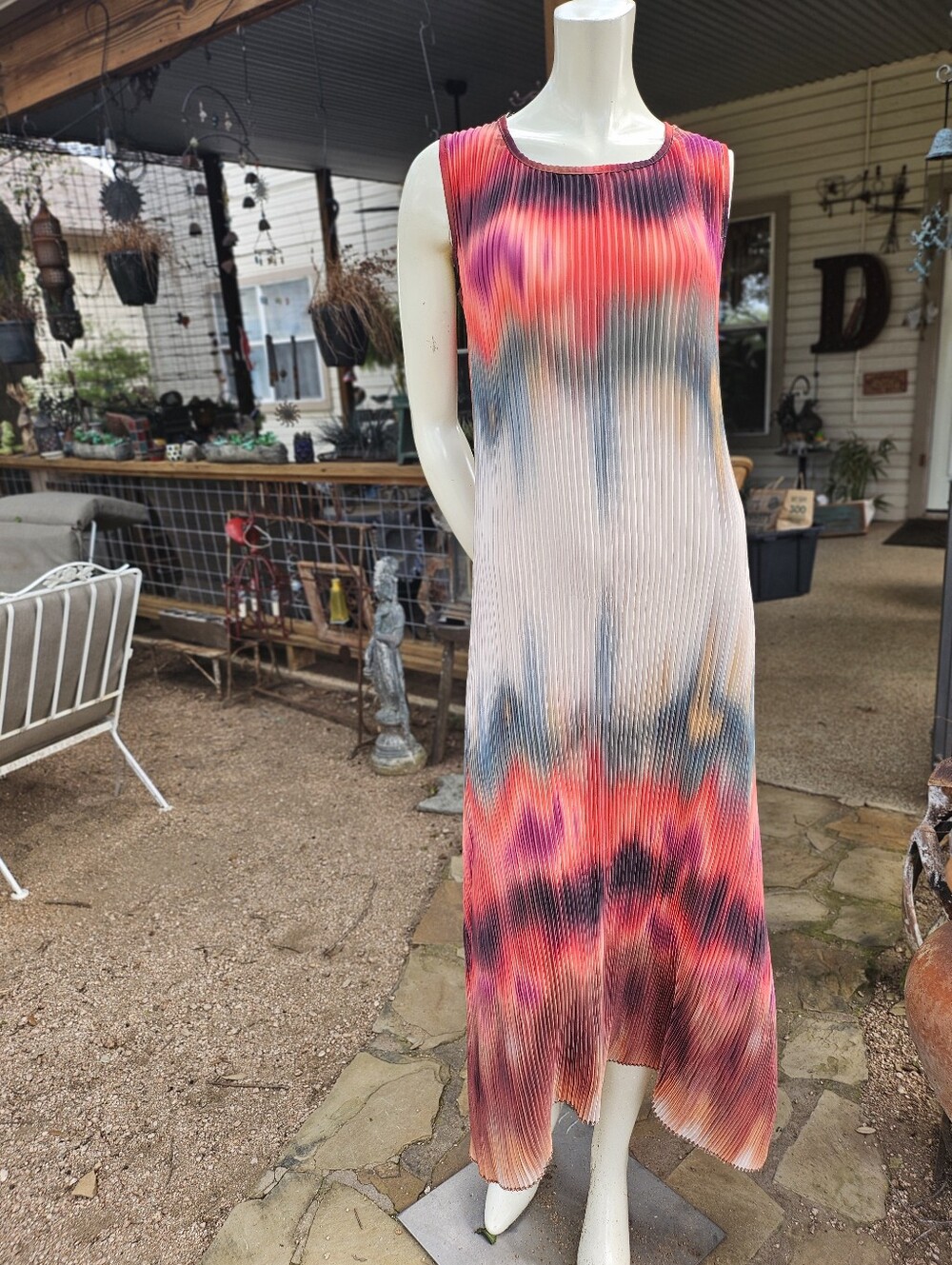 Issey Miyaki Style Sleeveless Tie-Dye Ribbed Obscure Pleat Maxi Dress Pink Coral
